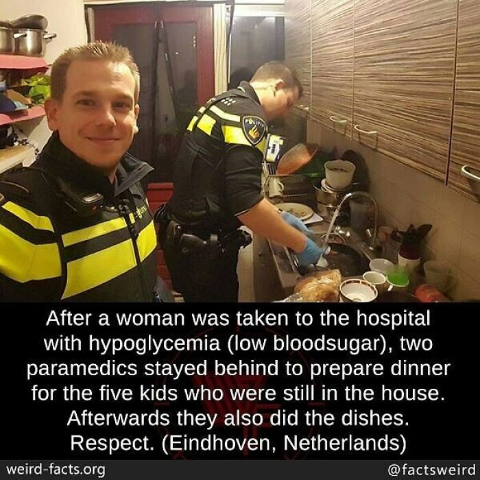 Two paramedics in uniform prepare dinner and do dishes after a woman with hypoglycemia is taken to hospital, showing kindness.