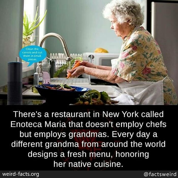 Elderly woman washing carrots in kitchen, illustrating weird facts about unique global restaurants and grandmas cooking.