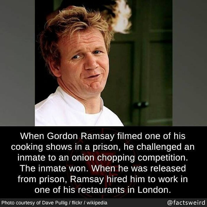 Chef Gordon Ramsay with a funny weird fact about his prison cooking show and hiring an inmate in London restaurant.