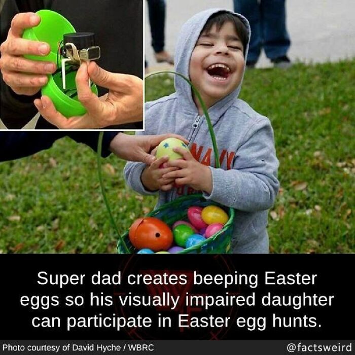 Child laughing while holding a beeping Easter egg created by dad to help visually impaired kids join egg hunts, weird facts world