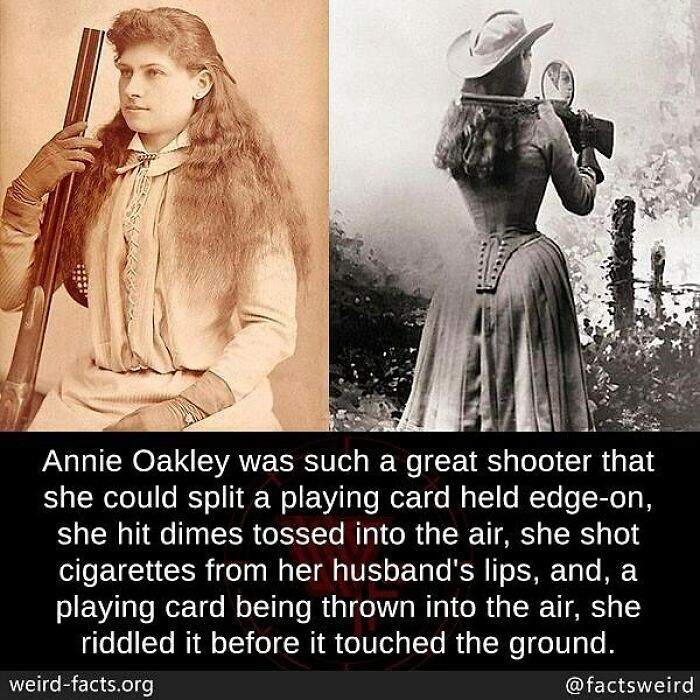 Vintage photos of Annie Oakley with text showcasing weird facts about her incredible shooting skills worldwide.