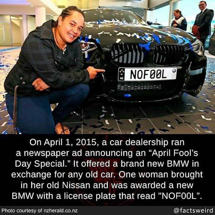Woman smiling and pointing at a BMW with a NOFOOL license plate in a weird facts about the world setting.