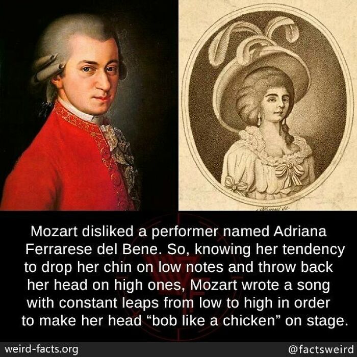 Portraits of Mozart and Adriana Ferrarese del Bene with a weird fact about Mozart’s unique song for her.