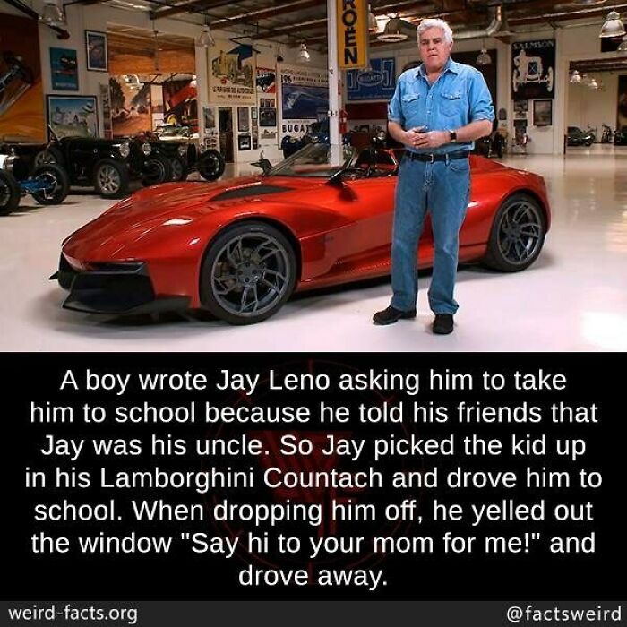 Jay Leno standing beside a red Lamborghini Countach showcasing weird facts about the world with a unique school story.