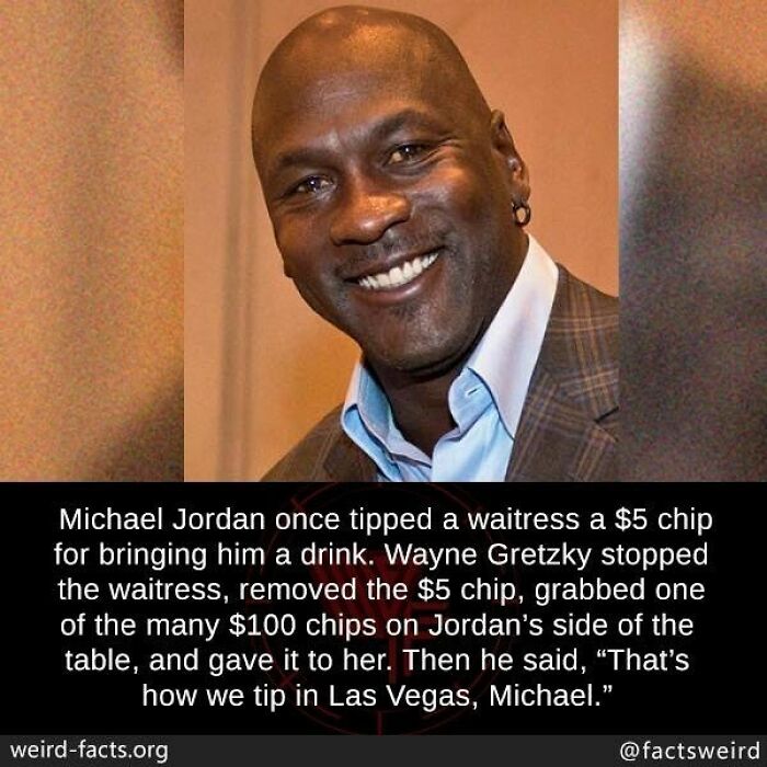 Man smiling in a suit with text about weird facts on tipping in Las Vegas involving a $5 and $100 chip.