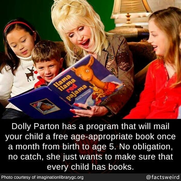 Dolly Parton reading a book to children, illustrating weird facts about the world and unique educational programs.