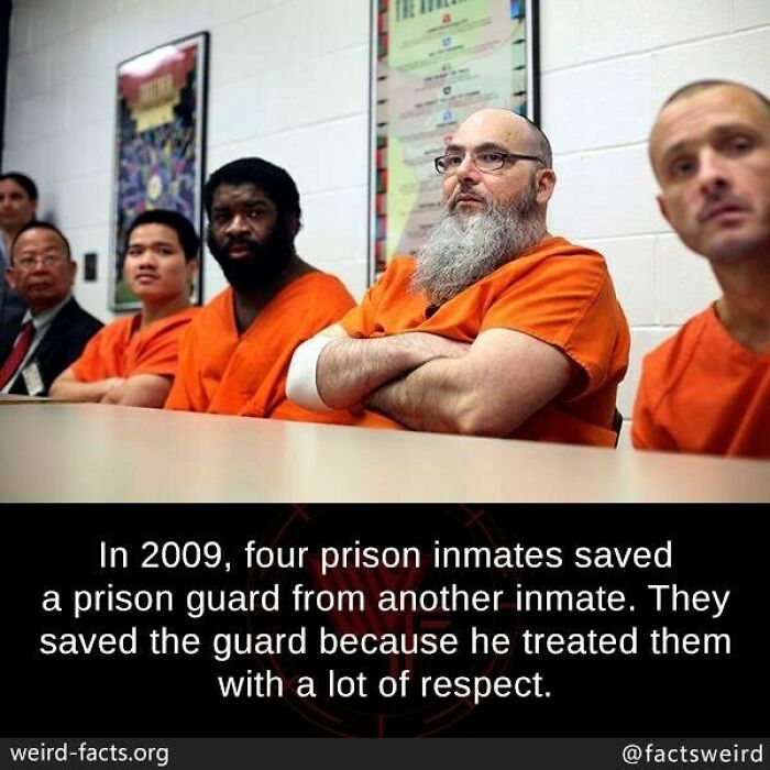 Prison inmates in orange uniforms sitting at a table illustrating weird facts about respect and humanity.