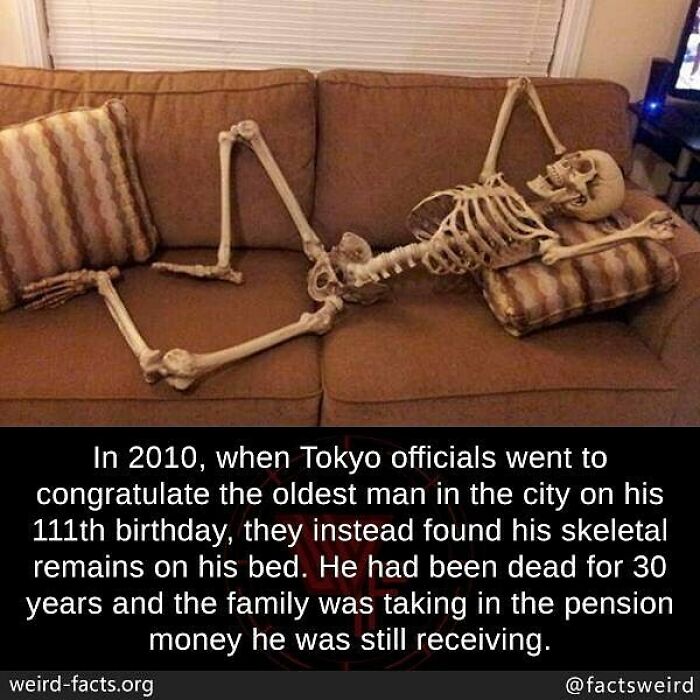 Skeleton lying on a couch illustrating one of the weird facts about the world involving a man found dead for decades.