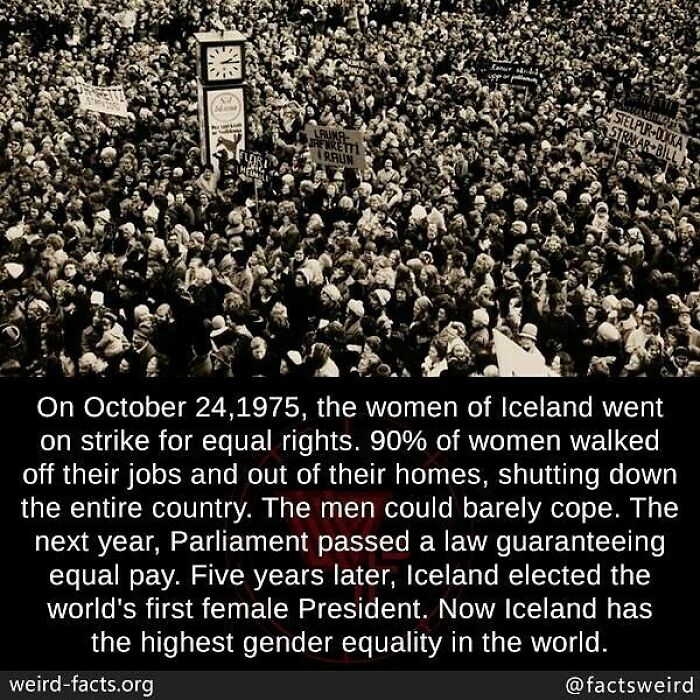 Large crowd of women striking for equal rights in Iceland, a weird fact showing global gender equality progress.
