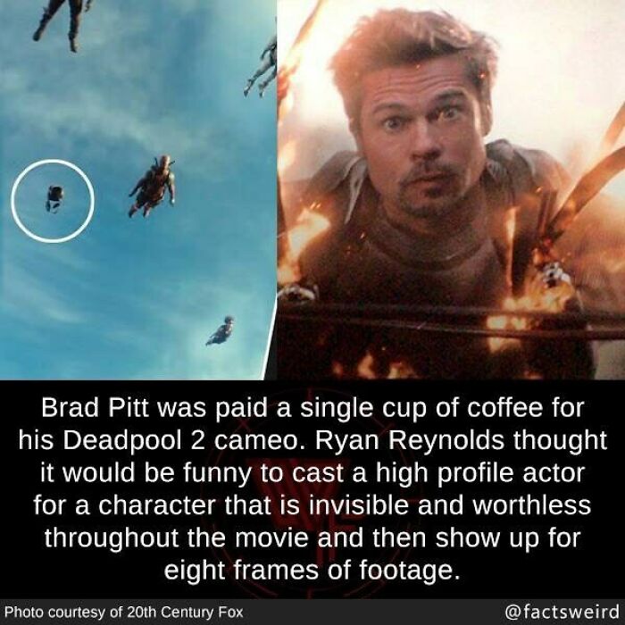 Brad Pitt cameo in Deadpool 2 paid with coffee, a weird fact about the world’s most unusual movie trivia.
