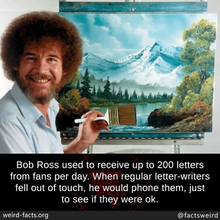 Bob Ross smiling while painting a landscape, illustrating weird facts about the world and unique artist habits.