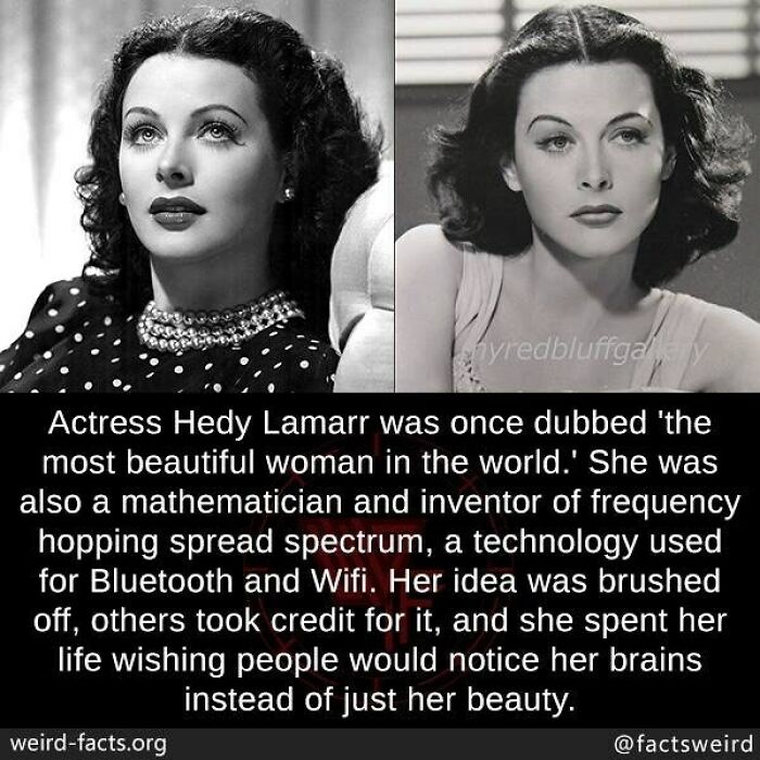 Black and white photos of Hedy Lamarr with a fact about her invention of frequency hopping in weird facts about the world.
