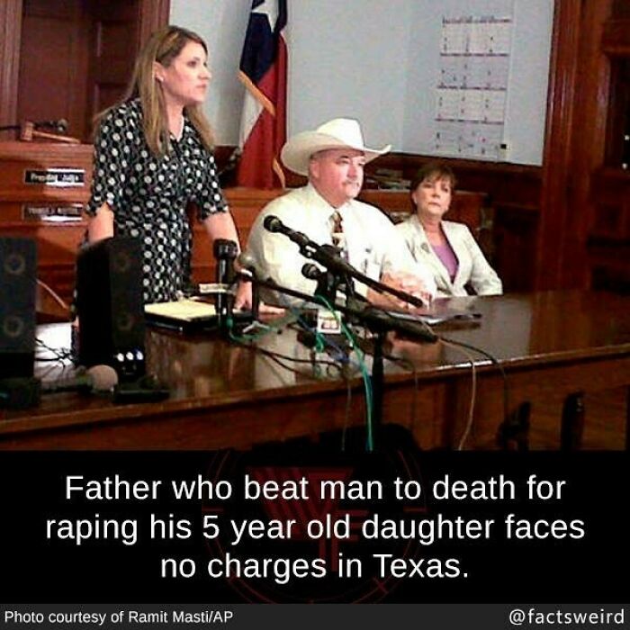 Three people at a press conference discussing a controversial legal case in Texas, weird facts about the world.