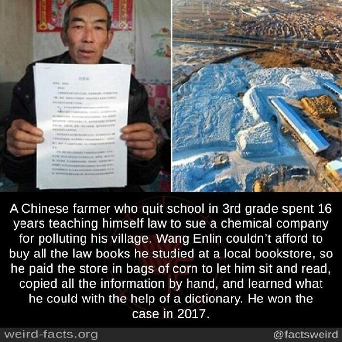 Chinese farmer who self-taught law over 16 years to sue polluting company featured in weird facts about the world.