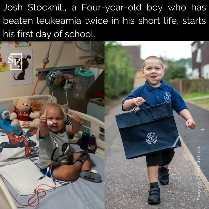 Four-year-old boy beating leukemia twice, smiling and starting school, inspiring wholesome internet moments to lift spirits.