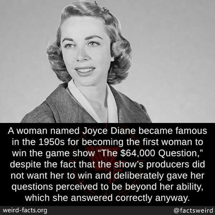 Black and white photo of a woman with text about a weird fact regarding the first female winner of a 1950s game show.