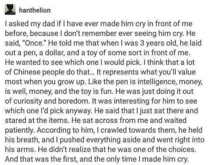 Heartwarming story from Wholesome Meets The Internet about a father’s emotional moment with his child.