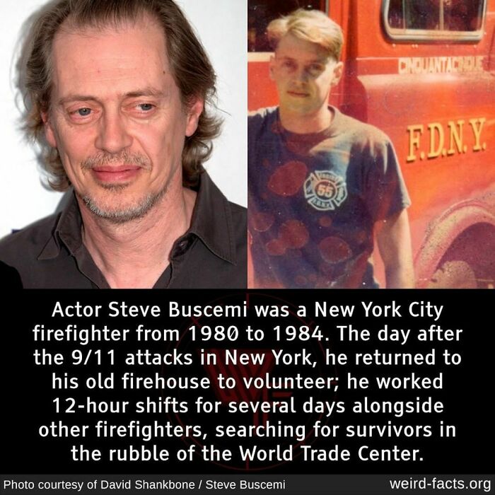 Actor Steve Buscemi shown as a firefighter and later in life, highlighting weird facts about the world and unusual careers.
