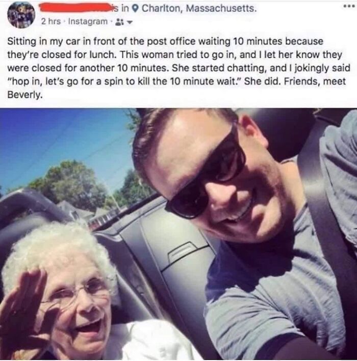 Man wearing sunglasses taking a selfie with an elderly woman, sharing a heartwarming wholesome moment from the internet.