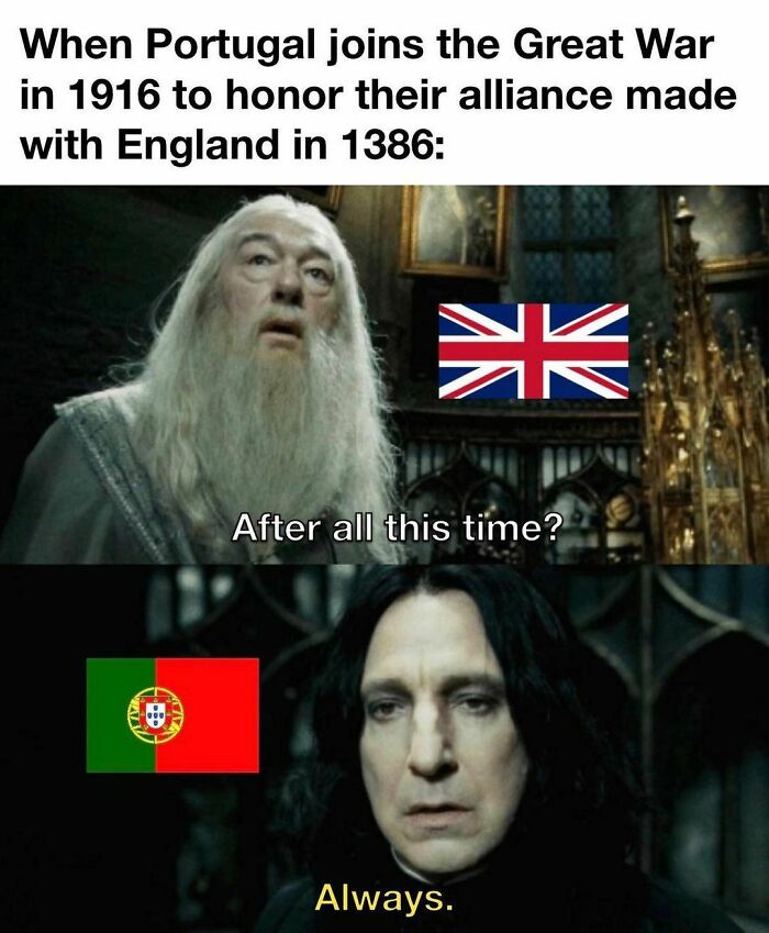 History meme showing characters from a movie with UK and Portugal flags referencing their alliance in the Great War.