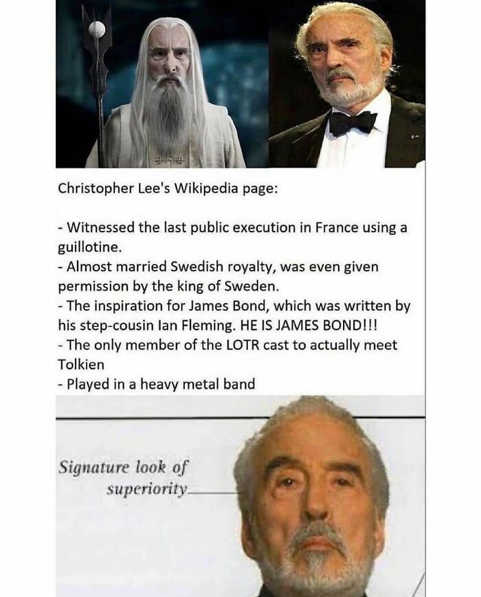 Christopher Lee as Saruman and himself with text listing historical facts in a funny history meme format.
