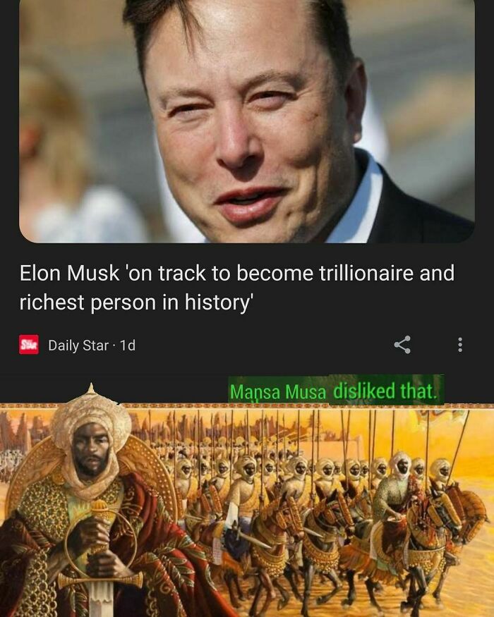 Elon Musk headline meme with historical figure Mansa Musa and soldiers reacting humorously to wealth claim.