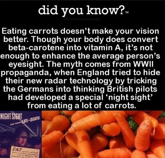 History meme explaining the WWII carrot myth used as propaganda about British pilots and night vision ability.