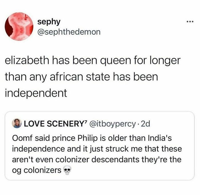 History meme comparing Queen Elizabeth's reign length to African states' independence with a c*******r reflection.