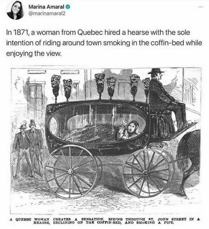 Vintage illustration of a woman in a hearse smoking in the coffin-bed, a funny and accurate history meme shared online.