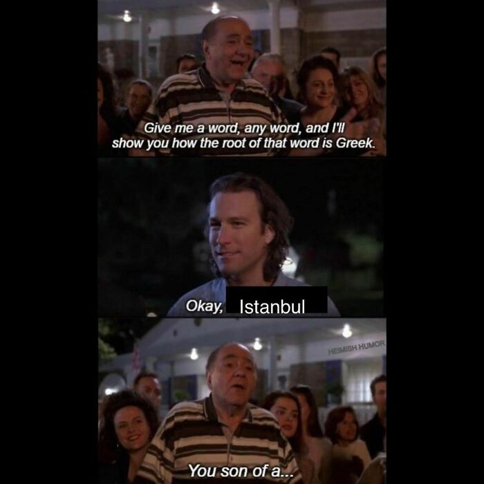 Man in striped shirt claims every word's root is Greek, man responds with Istanbul, surprising the crowd in a history meme.