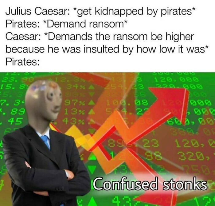 History meme showing Julius Caesar kidnapped by pirates with confused stonks character reacting to ransom demand increase.