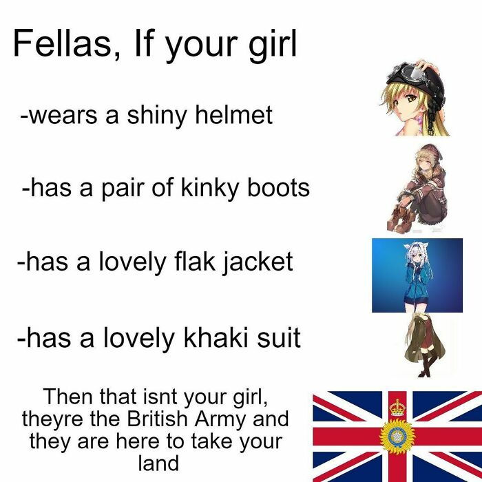History meme humor about British Army uniforms with anime-style character illustrations and British flag.