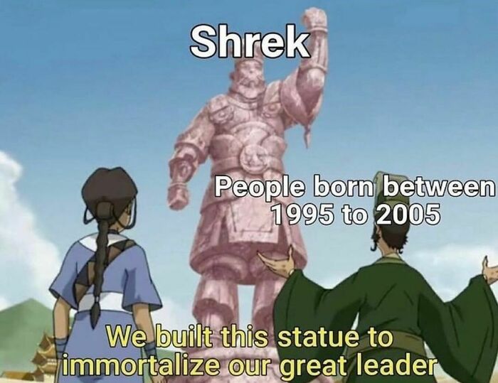 Animated scene showing a large statue labeled Shrek with text about people born 1995 to 2005 in a history meme.