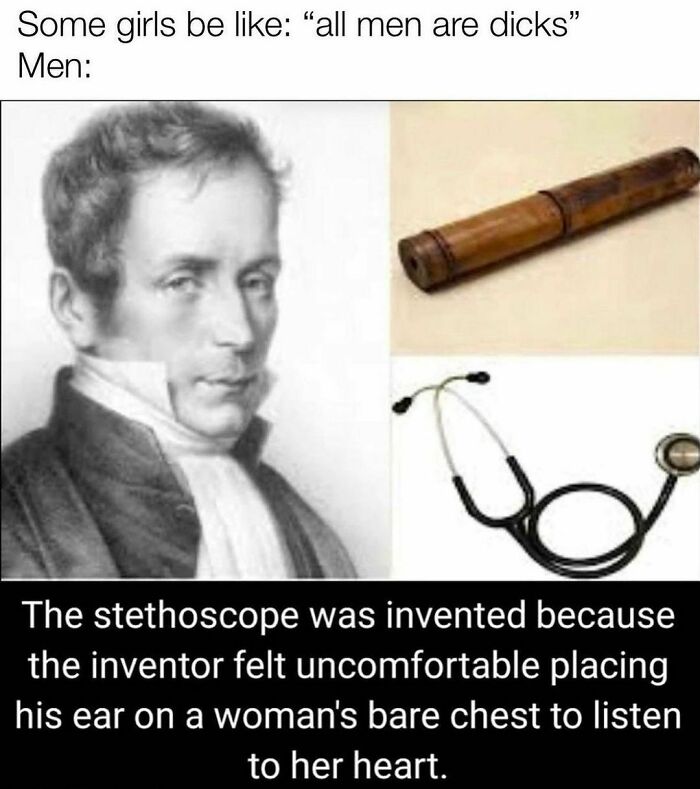 Humorous history meme showing stethoscope invention story with vintage portrait and old vs modern medical tools.