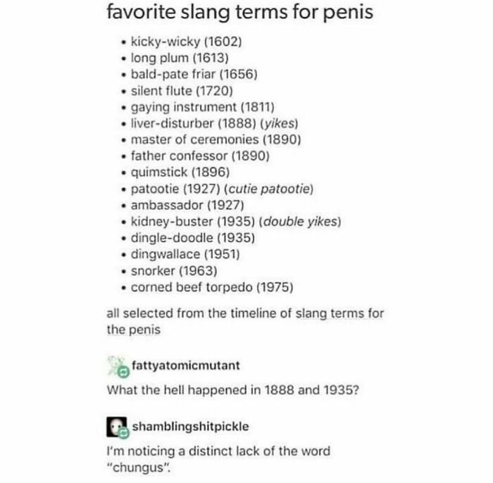 List of historical slang terms for p***s from 1600s to 1970s, with humorous comments on changes in language usage over time.