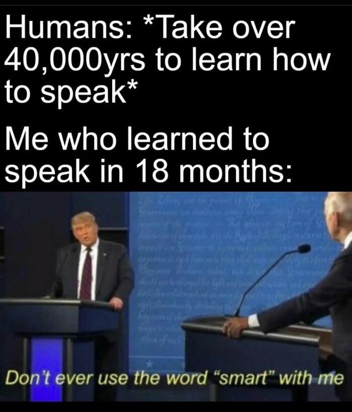 History meme comparing humans learning to speak over 40,000 years to a person speaking in 18 months with humor.