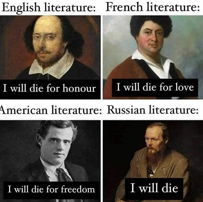 Four portraits representing English, French, American, and Russian literature with humorous death statements, history memes theme.