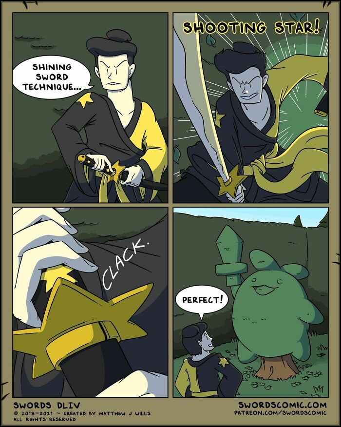 Comic panels showing a character using a shining sword technique in a fantasy world where swords are the weapon of choice.