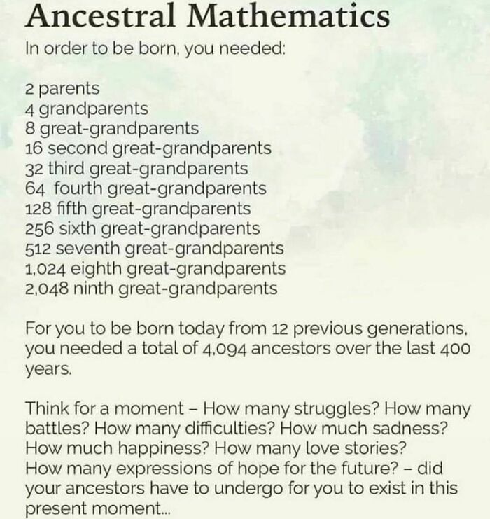 An ancestral mathematics meme detailing the number of ancestors needed over 12 generations shared in a history memes group.
