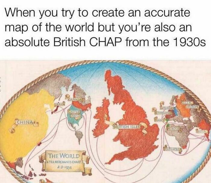 Vintage 1930s world map humor showing British Isles highlighted, reflecting funny and accurate history memes shared online.