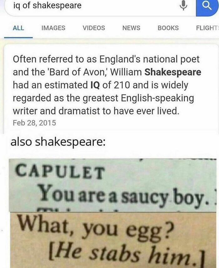 Search result about Shakespeare's IQ and a humorous excerpt from Shakespeare's play illustrating history memes.