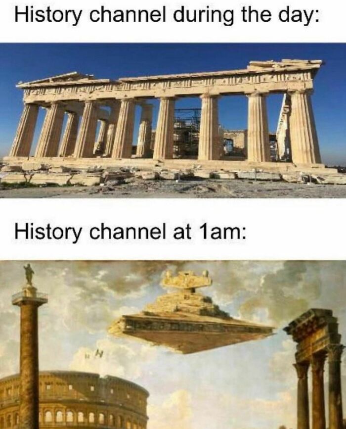 Ancient Greek ruins shown during the day contrasted with a humorous sci-fi history meme at 1am, history memes concept.