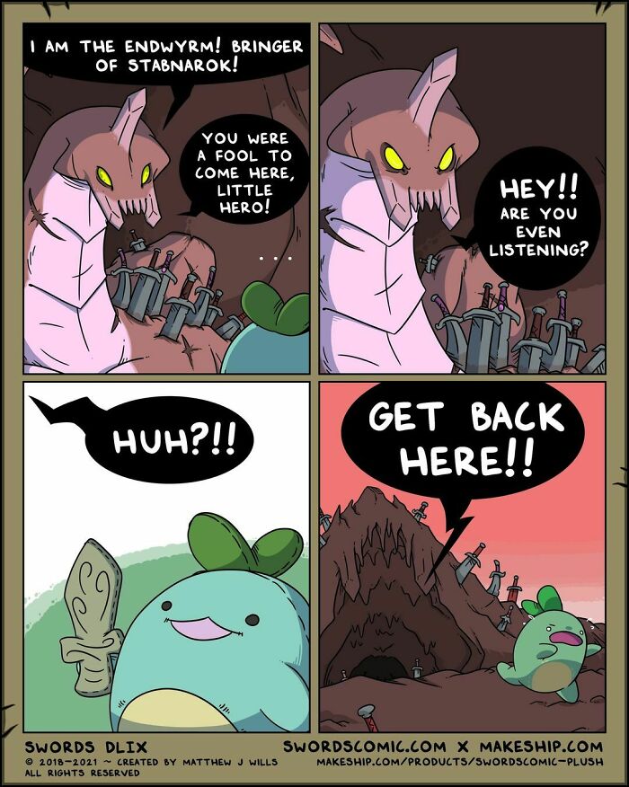 Comic panels showing a fantasy world with characters wielding swords, including a dragon and a green creature running away.