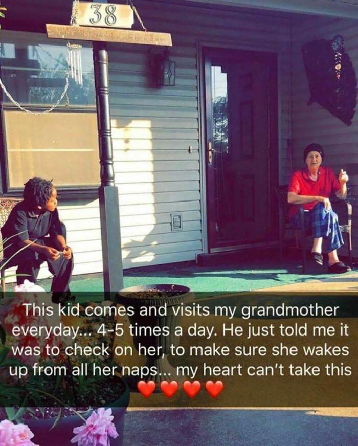 Young boy visiting elderly woman on porch, a heartwarming moment from wholesome meets the internet account.