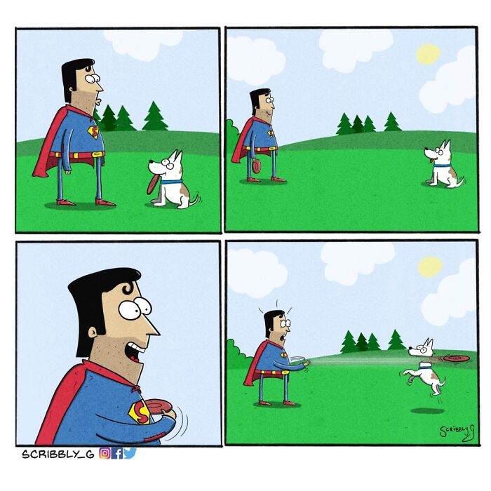 Comic strip shows a superhero attempting to play fetch with a dog, featuring funny comics with unexpected endings.