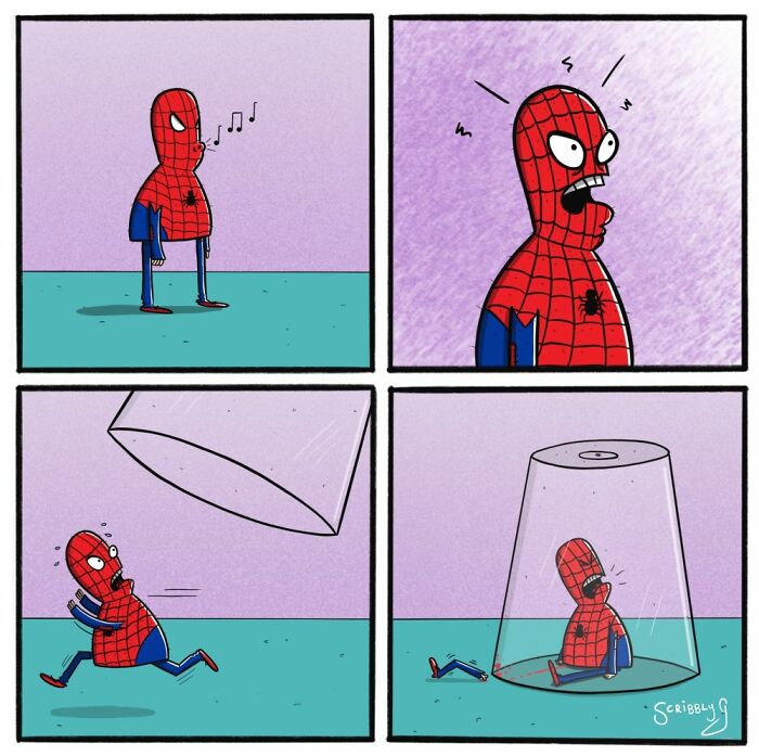 Funny comic with unexpected endings featuring a character in a Spider-Man suit and dark humor elements.
