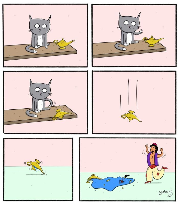Comic strip shows a cat knocking over a magic lamp leading to a funny unexpected ending with dark humor.