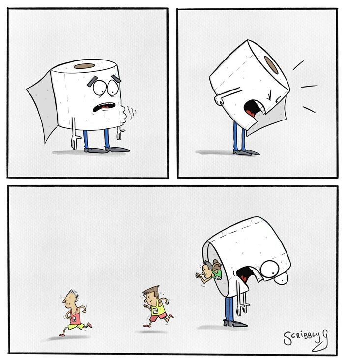 Funny comic showing a toilet paper character with unexpected endings and a pinch of dark humor in three panels.