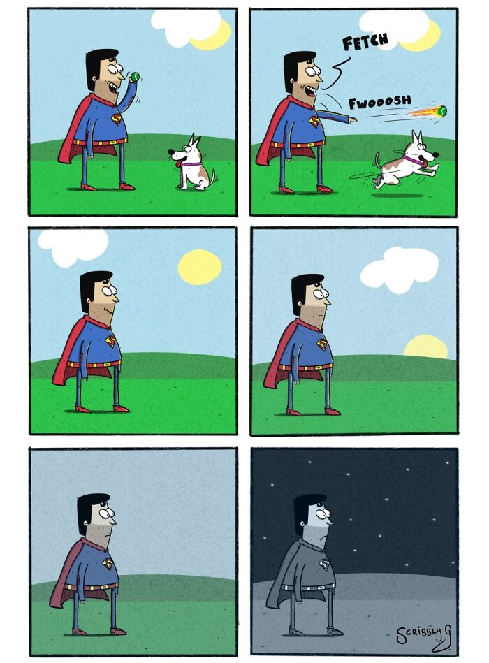 Comic strip of a superhero throwing a ball for his dog with a funny comic and dark humor twist.