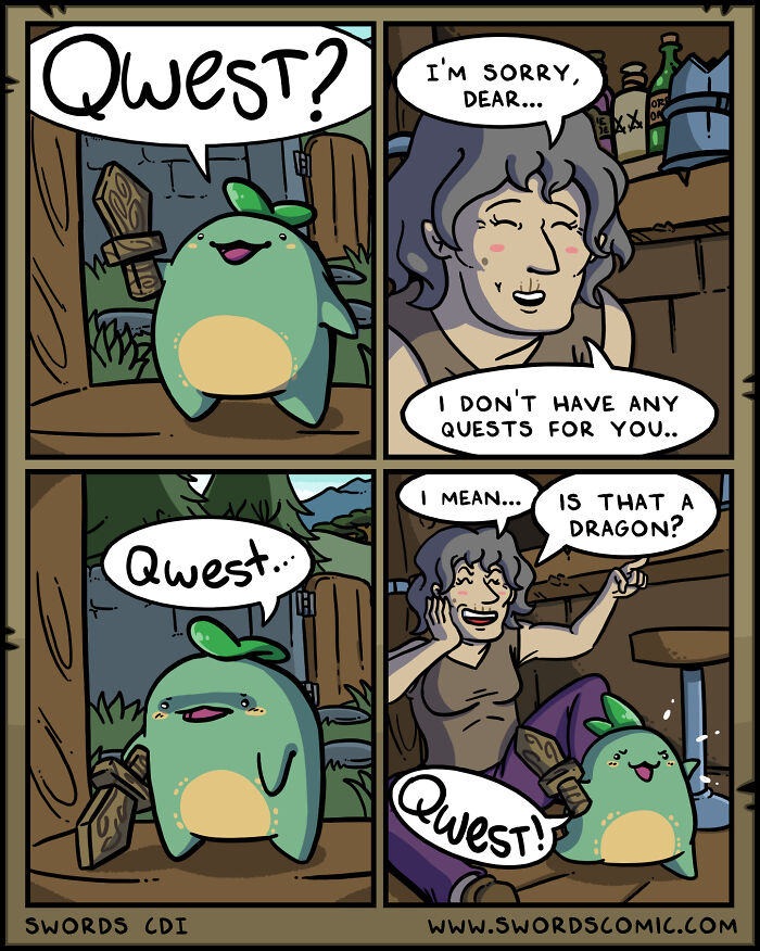 Comic panel featuring a cute green creature asking for quests in a fantasy world where swords are the weapon of choice.